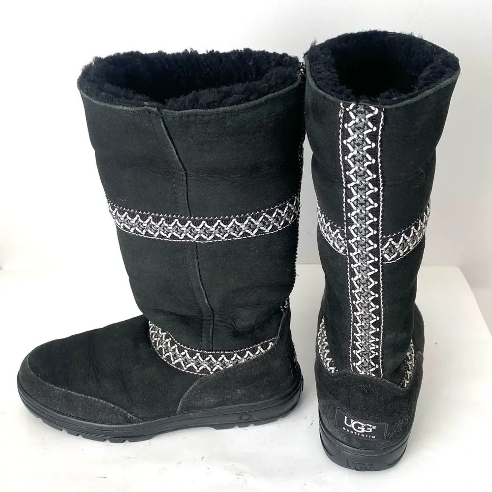 WOMEN'S UGG SUNDANCE REVIVAL BRAID BLACK TALL BOOT Sz 6 Boho Western Winter